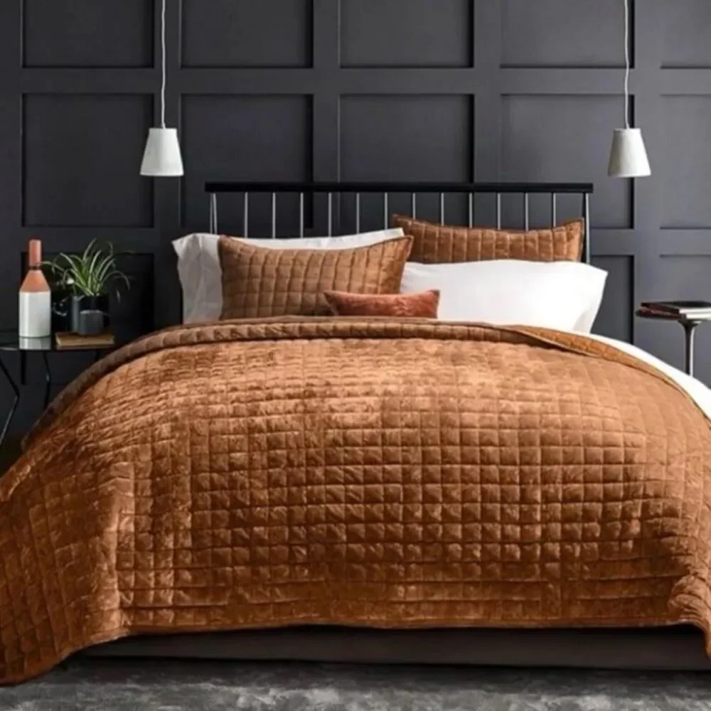 Rust Amber Velvet Queen Quilt Set Coverlet Luxury Bedding Comforter Shams NEW